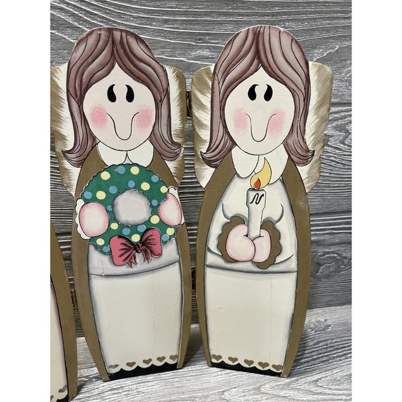 Vintage Wooden Painted Angels Folding Screen Retro Christmas Holiday 12” X 20” - Picture 4 of 6